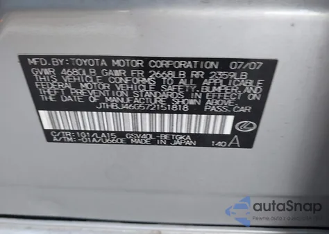 2007 Lexus Es 350 z USA, uszkodzony, nr VIN JTHBJ46G572151818